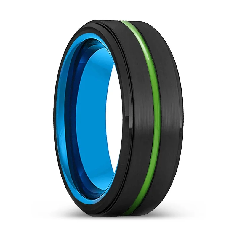 WACO | Blue Tungsten Ring, Black Tungsten Ring, Green Groove, Stepped Edge