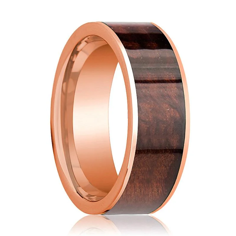 Red Wood Inlaid Men's 14k Rose Gold Wedding Band with Flat Edges - 8MM