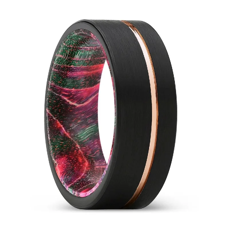 BRAWN | Green & Red Wood, Black Tungsten Ring, Rose Gold Offset Groove, Brushed, Flat