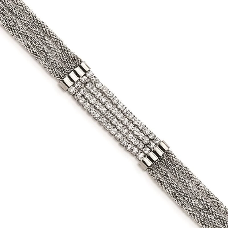 Leather Chain Bracelet-Stainless Steel Polished with CZ Multi Strand w/1.5in ext 6.5in Bracelet