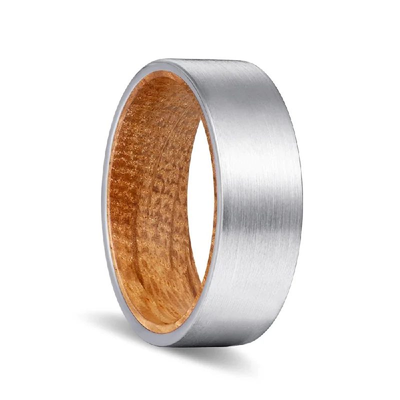 DALMORE | Whiskey Barrel Wood, Silver Tungsten Ring, Brushed, Flat