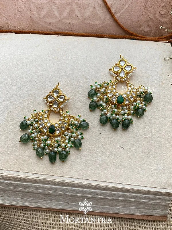 Custom Engraved Earrings-Green Color Gold Plated Thappa Jadau Kundan Earrings - TJ-E24WGR