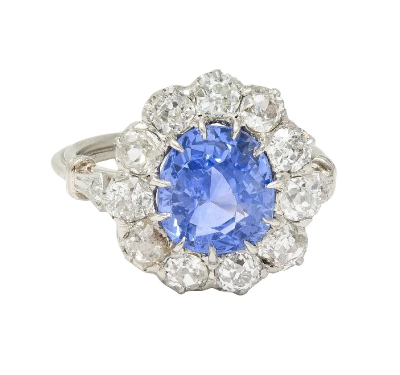 Art Deco 4.14 CTW No Heat Ceylon Sapphire Diamond Platinum Vintage Pear Halo Ring GIA