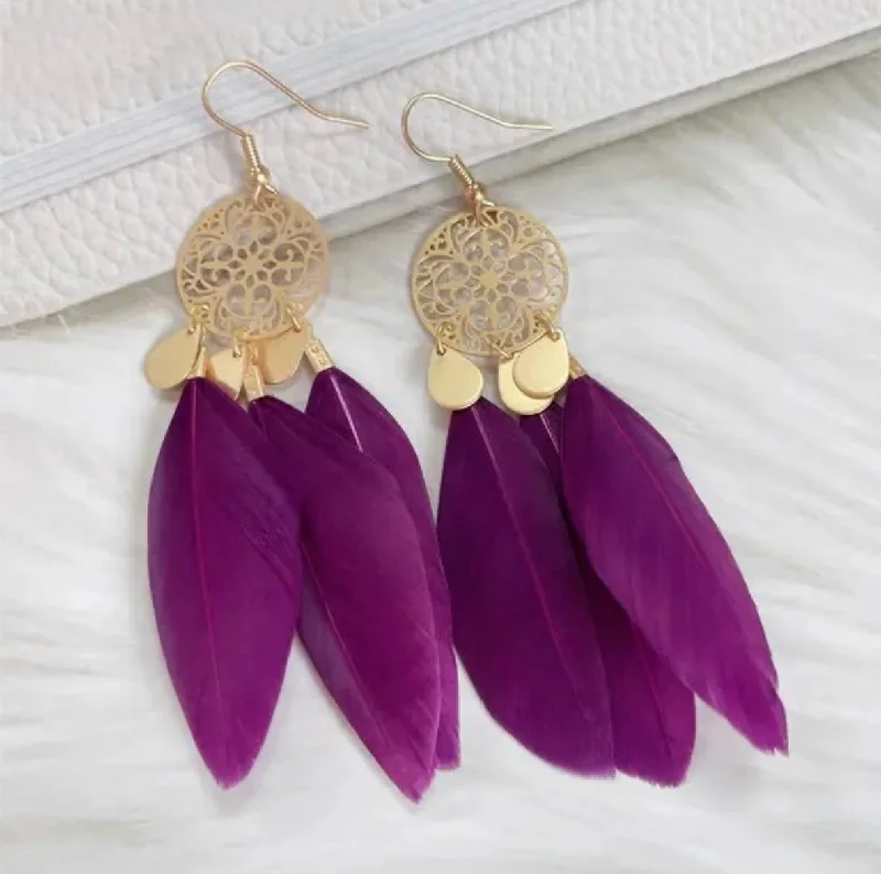 Luxury Chandelier Earrings-Beautiful Gold and Purple Feather Earrings