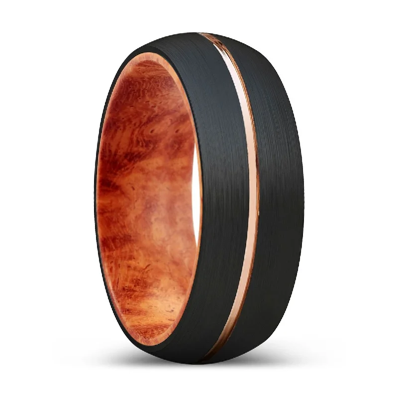 THROK | Red Burl Wood, Black Tungsten Ring, Rose Gold Groove, Domed