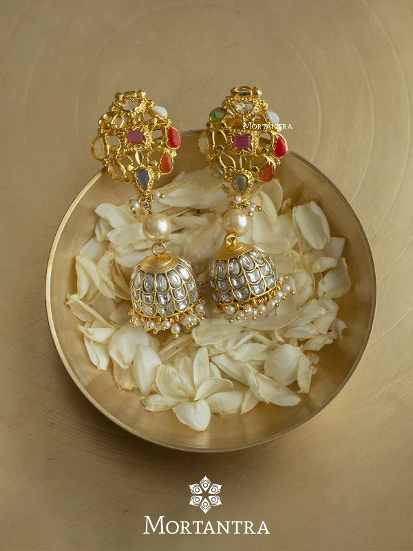 Fashionable Dangle Earrings-Navratna Gold Plated Mishr Earrings - MR-E89N