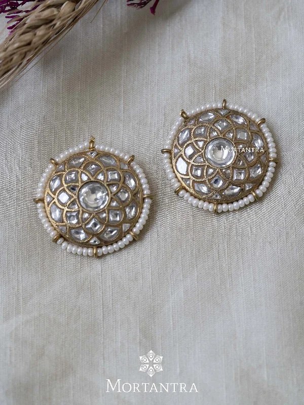 Unique Dangle Hoop Earrings-White Color Gold Plated Thappa Jadau Kundan Earrings - TJ-E14