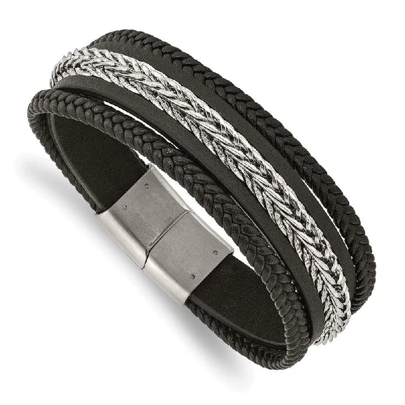 Modern Cuff Bracelet-Stainless Steel Polished Multi Strand Black Leather 8.5in Bracelet