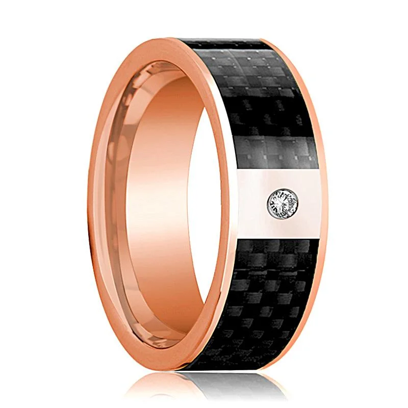 14k Rose Gold Men's Flat Wedding Ring with Black Carbon Fiber Inlay & Diamond