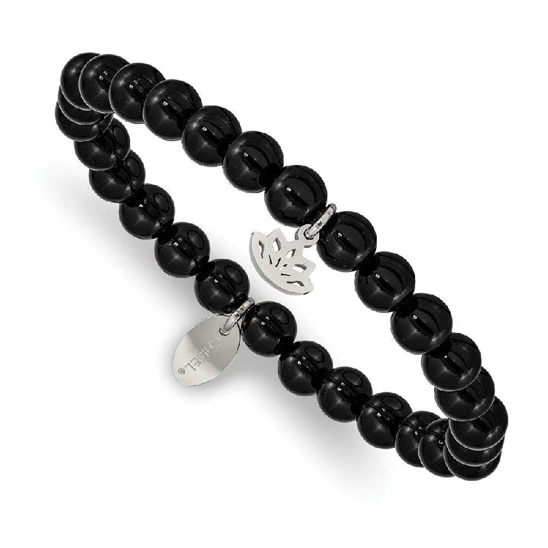 Colorful Beaded Bracelet-Stainless Steel Polished Lotus Black Agate Beaded Stretch Bracelet