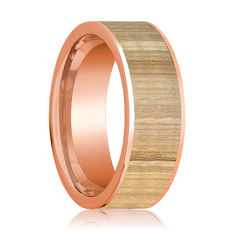 Men's Flat 14k Rose Gold Wedding Band with Ash Wood Inlay Polished Finish - 8MM