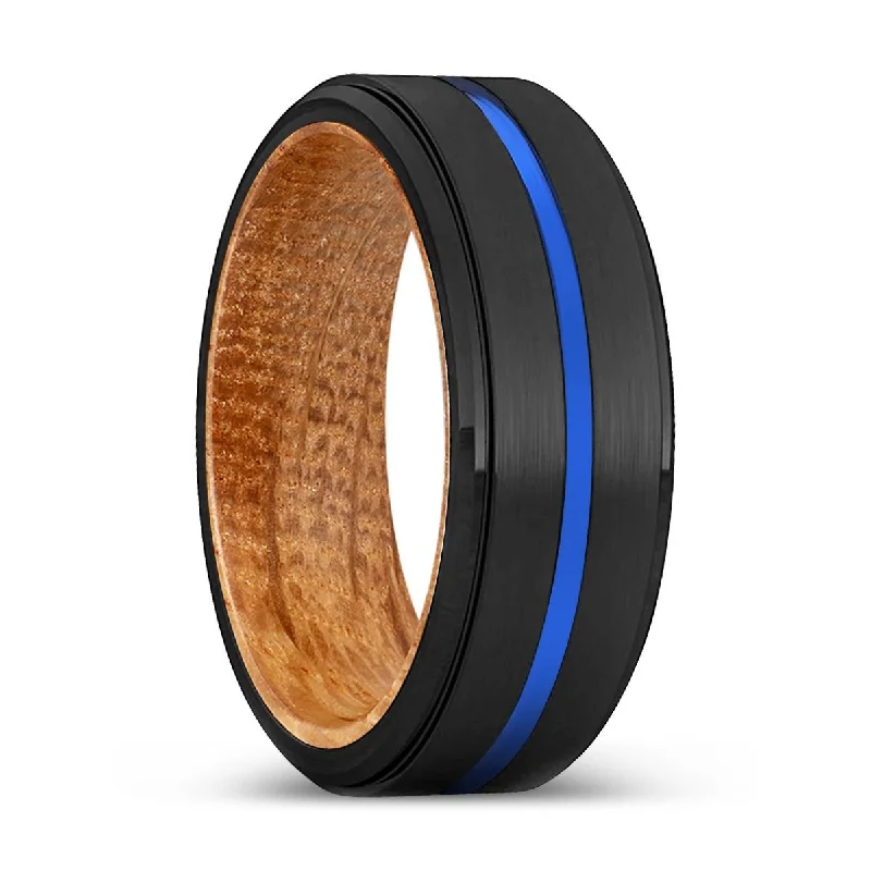 AURA | Whiskey Barrel Wood, Black Tungsten Ring, Blue Groove, Stepped Edge