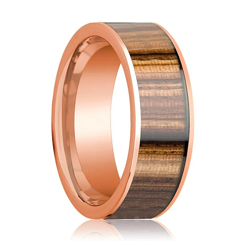 14k Rose Gold Men's Wedding Band with Zebra Wood Inlay Flat Polished - 8MM