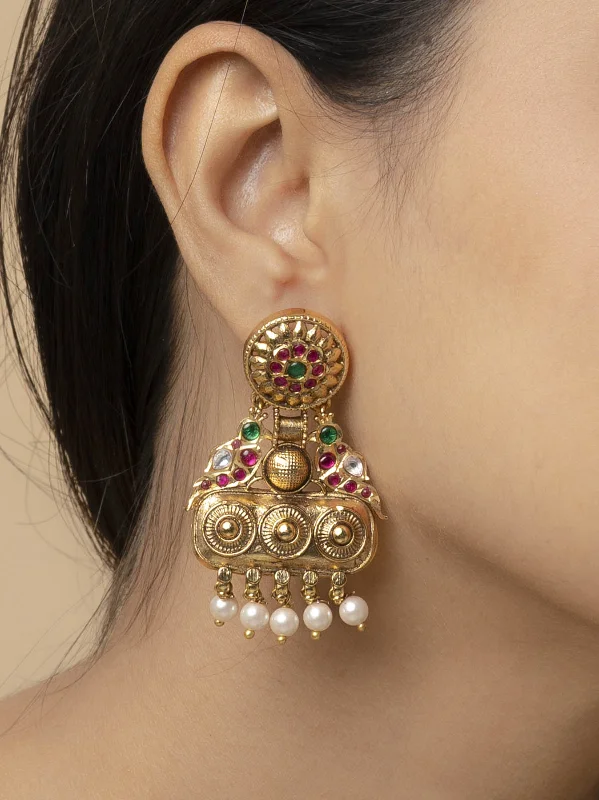 Pearl Dangle Earrings-Multicolor Gold Plated Temple Earrings - TMPEAR634