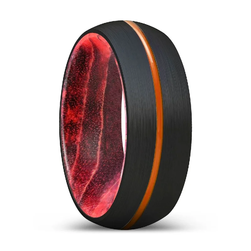 TIMBERWOLF | Black & Red Wood, Black Tungsten Ring, Orange Groove, Domed