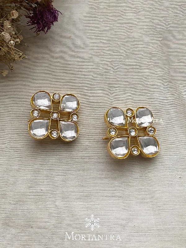 Simple Gold Earrings-White Color Gold Plated Thappa Jadau Kundan Earrings - TJ-E27W