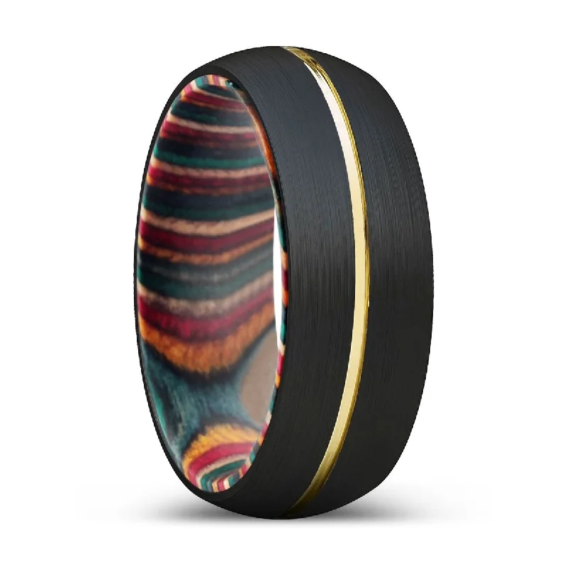 ATAXIA | Multi Color Wood, Black Tungsten Ring, Gold Groove, Domed