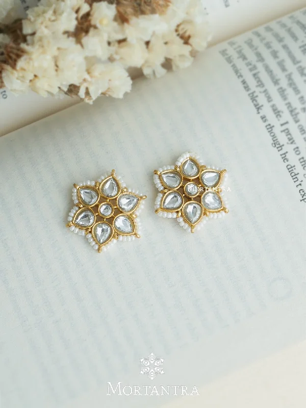 High-End Earrings-White Color Gold Plated Thappa Jadau Kundan Earrings - TJ-E67