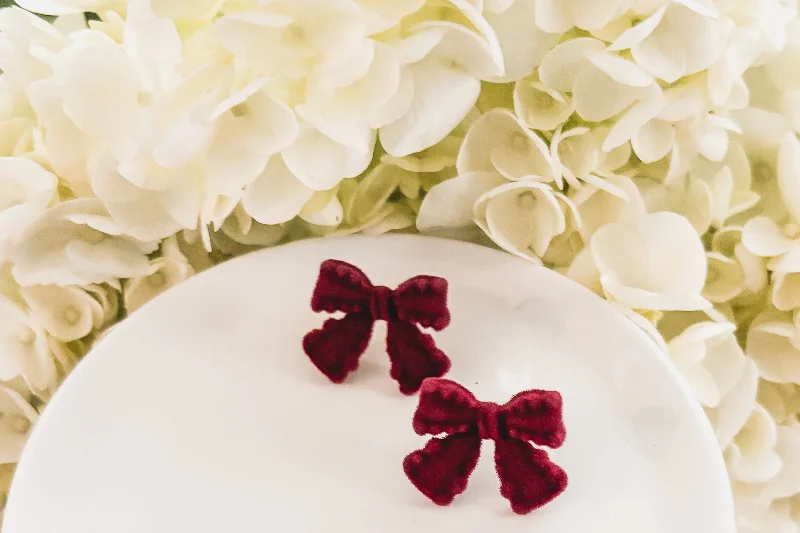 Trendy Drop Earrings-Beautiful Velvet Burgundy Bow Earrings