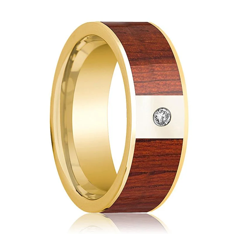 Men's 14k Gold Wedding Band with White Diamond in Center and Padauk Wood Inlay - 8MM