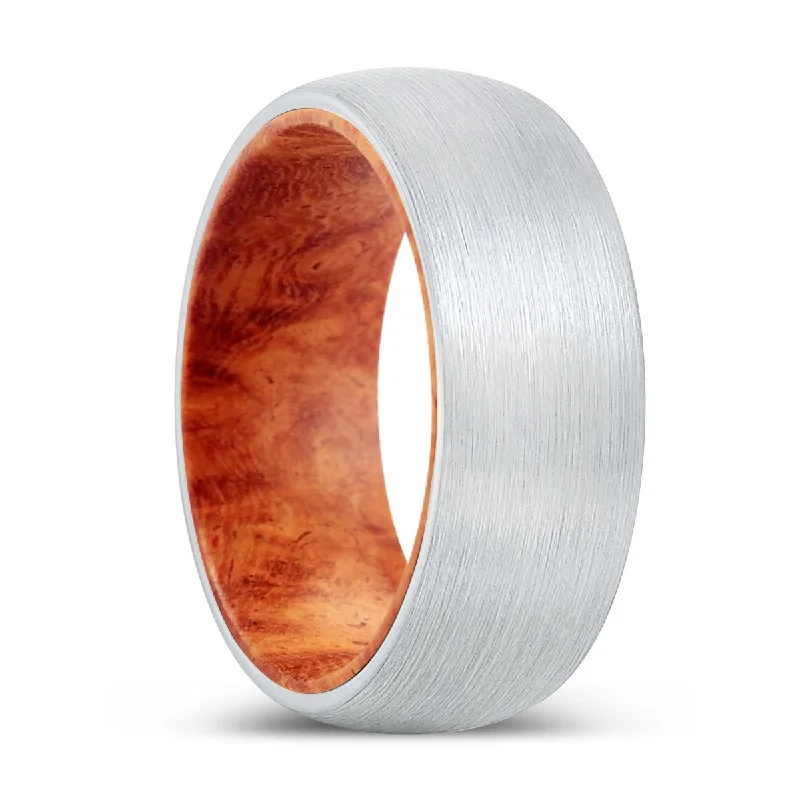 CHAOS | Red Burl Wood, White Tungsten Ring, Brushed, Domed