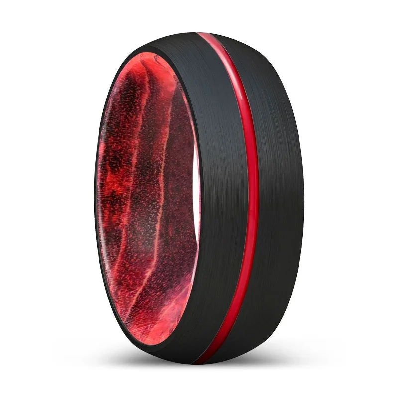 PIRANHA | Black & Red Wood, Black Tungsten Ring, Red Groove, Domed