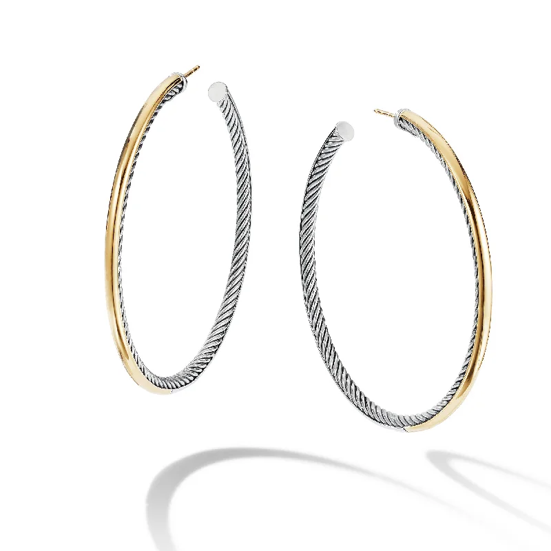 Wedding Earrings-Sculpted Cable Hoop Earrings in Sterling Silver with 18K Yellow Gold