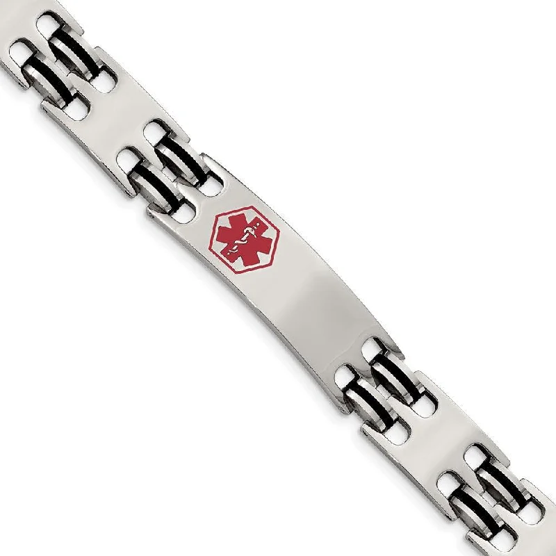 Stylish Diamond Bracelet-Stainless Steel Black Rubber Red Enamel 8.25in Medical Bracelet