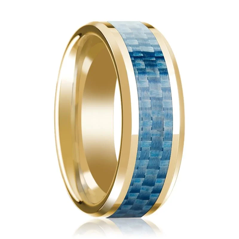 Beveled 14k Yellow Gold Wedding Band for Men with Blue Carbon Fiber Inlay & Polished Finish - 8MM