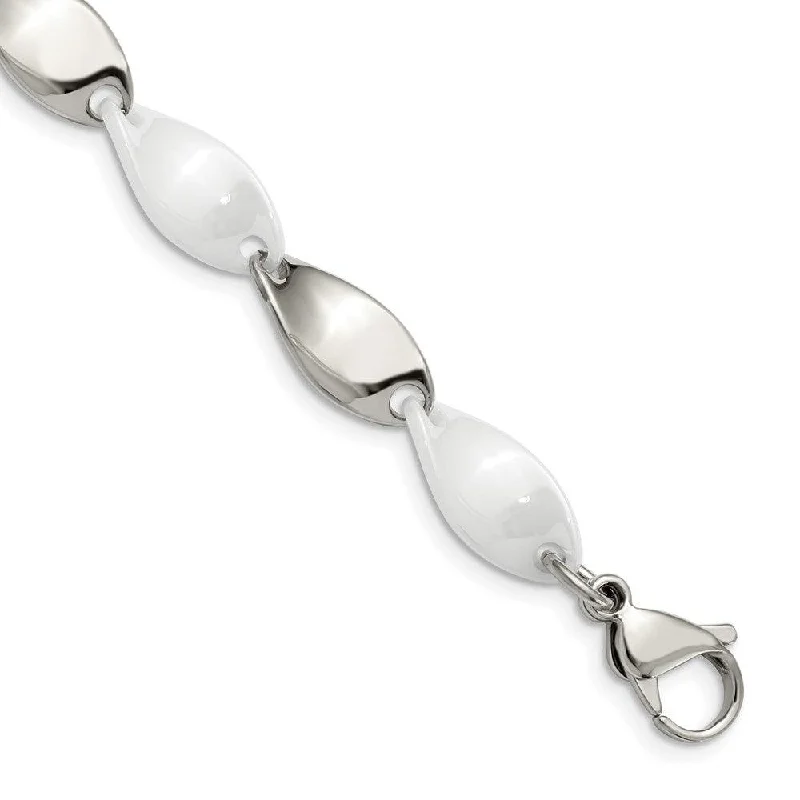 Men’s Silver Bracelet-Stainless Steel And White Ceramic Polished Bracelet