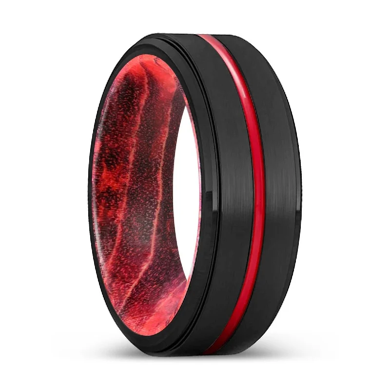 MELLOW | Black & Red Wood, Black Tungsten Ring, Red Groove, Stepped Edge