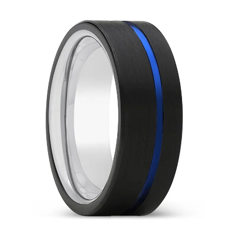 MOMENTO | Silver Ring, Black Tungsten Ring, Blue Offset Groove, Flat