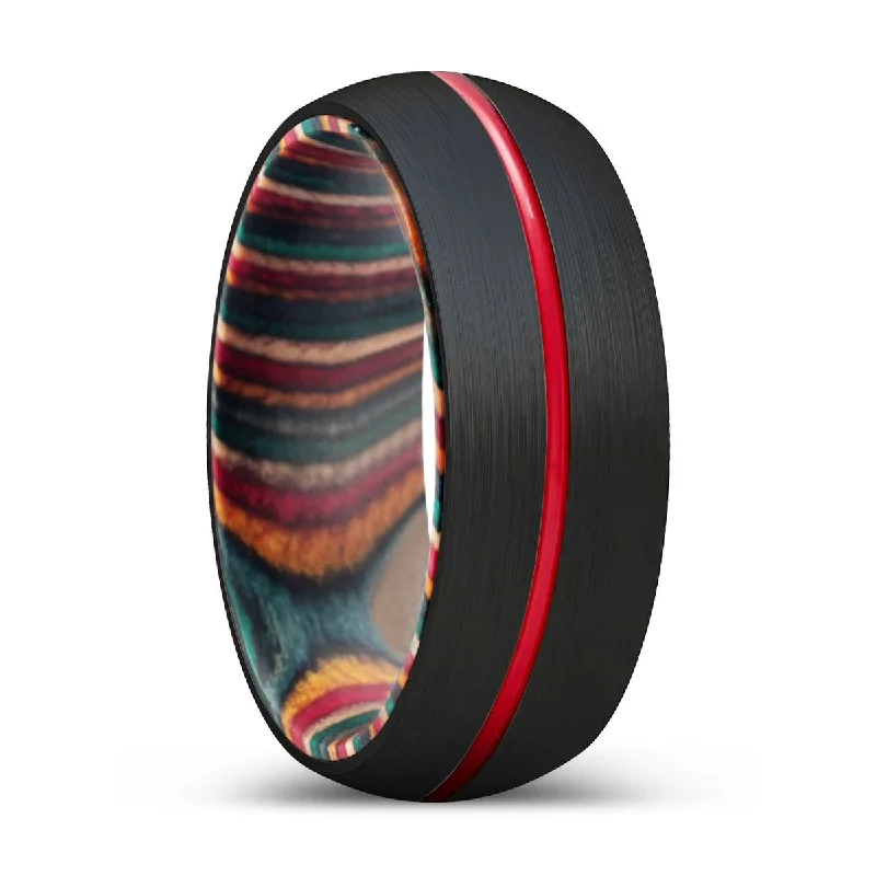 SKITTLE | Multi Color Wood, Black Tungsten Ring, Red Groove, Domed