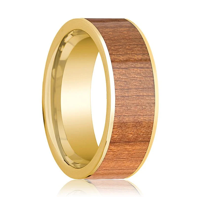 Sapele Wood Inlaid 14k Yellow Gold Flat Wedding Band for Men Polished Finish - 8MM