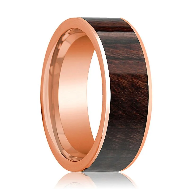 14k Rose Gold Flat Men's Wedding Band with Bubinga Wood Inlay - 8MM