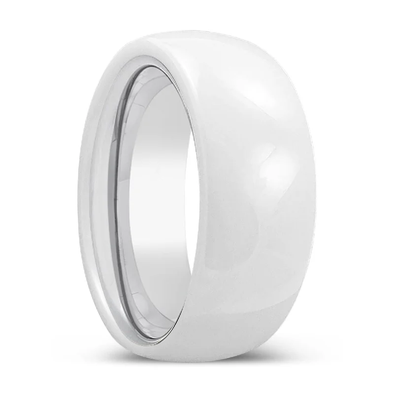 ALABASTER | Silver Ring, White Ceramic Ring, Domed