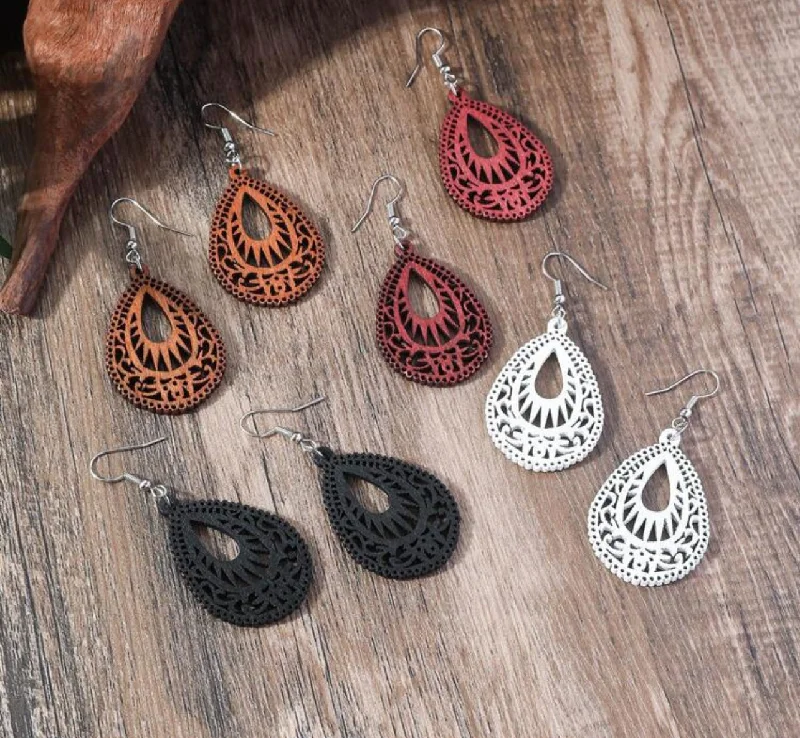 Modern Drop Earrings-Set of Four Beautiful Carved Wood Earrings