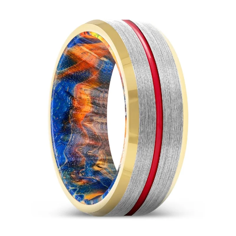 VINCENT | Blue & Yellow/Orange Wood, Silver Tungsten Ring, Red Groove, Gold Beveled Edge