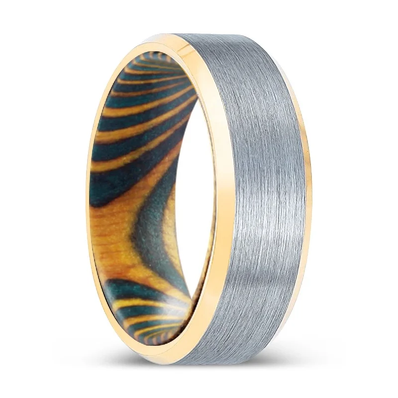 TREEBEARD | Green & Yellow Wood, Brushed, Silver Tungsten Ring, Gold Beveled Edges