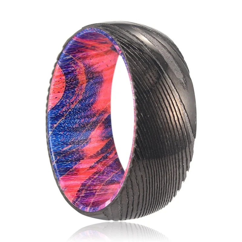 BLUEJAY | Blue & Red Wood, Gunmetal Damascus Steel Ring, Domed