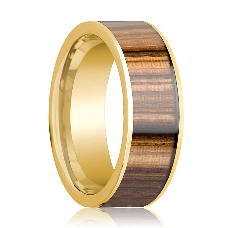 Zebra Wood Inlaid Men's 14k Yellow Gold Flat Wedding Band Polished Finish - 8MM