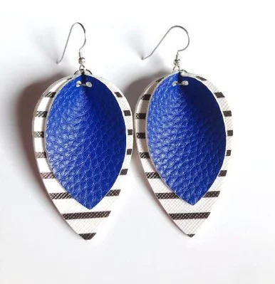 Party Earrings-Blue Striped Leather Drop Earrings