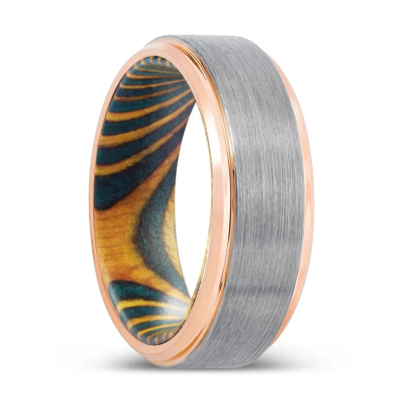 JAVELIN | Green & Yellow Wood, Silver Tungsten Ring, Brushed, Rose Gold Stepped Edge