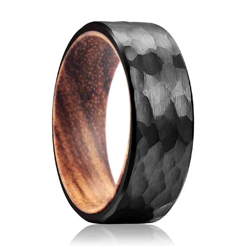 BENDTAIL | Zebra Wood, Black Tungsten Ring, Hammered, Flat