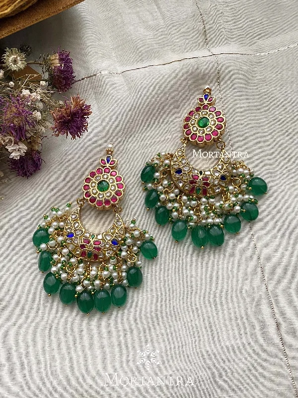 Handmade Beaded Earrings-Multicolor Gold Plated Thappa Jadau Kundan Earrings - TJ-E30M