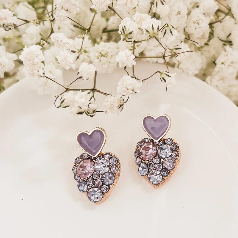 Sterling Silver Earrings-Beautiful Gold and Purple Crystal Heart Earrings