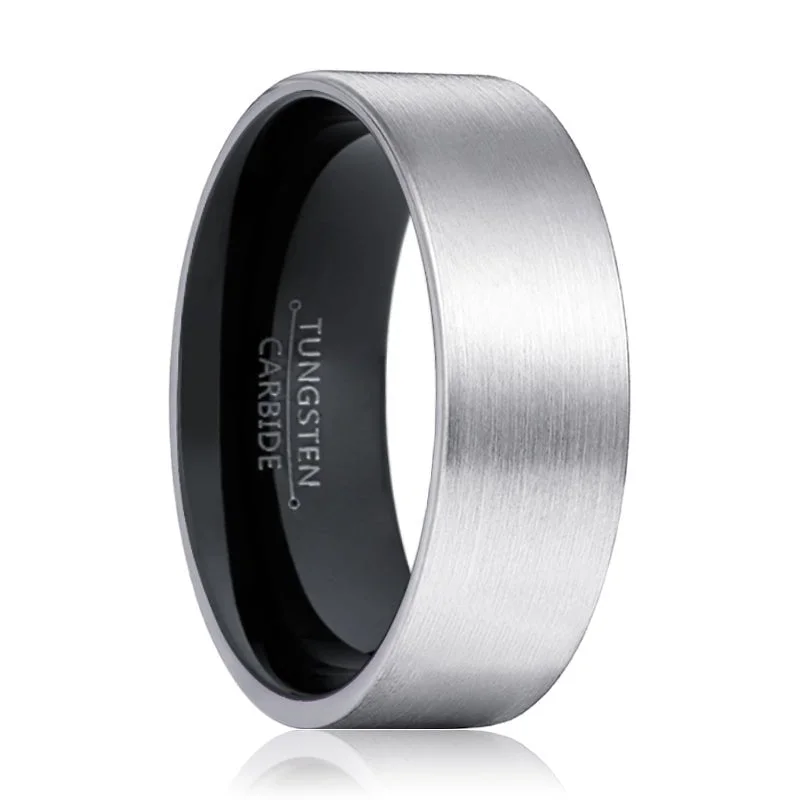 NERO | Black Ring, Silver Tungsten Ring, Brushed, Flat