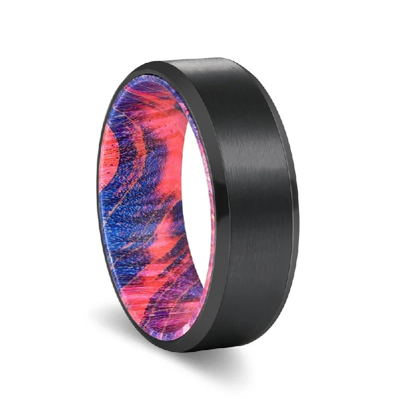 FLAME | Blue and Red Wood, Black Tungsten Ring, Brushed, Beveled