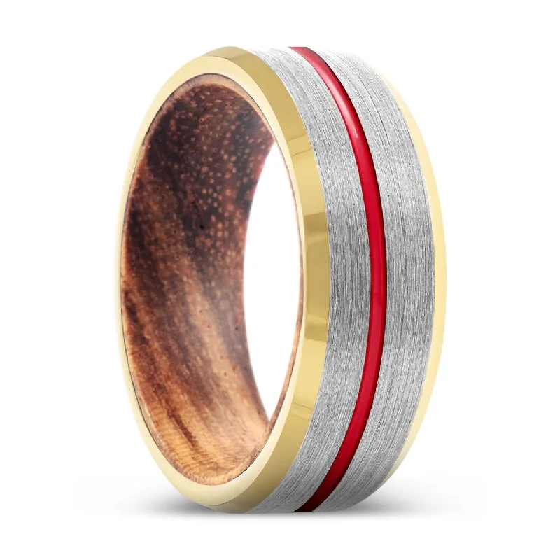 WOLFE | Zebra Wood, Silver Tungsten Ring, Red Groove, Gold Beveled Edge