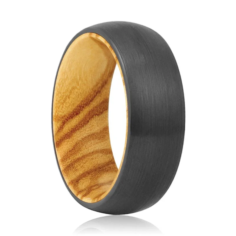 FORGE | Olive Wood, Black Tungsten Ring, Brushed, Domed